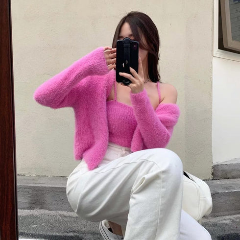 Two-Piece Camisole Knitted Vest with Long Sleeve Cropped Cardigan